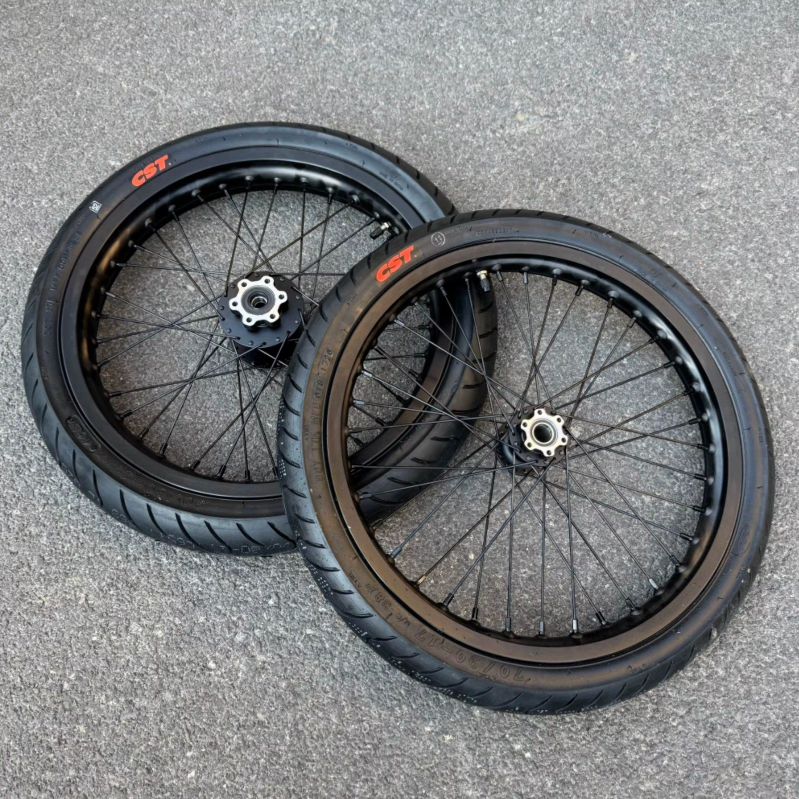 Light Bee X supermoto wheel set — front and rear with CST tyres